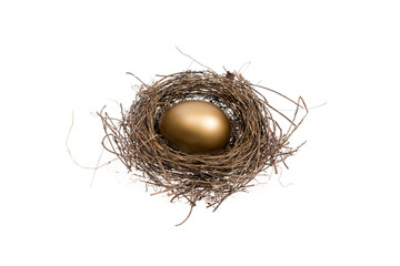 Golden egg inside a nest isolated on white background. Conceptual image for gold investment and business. 