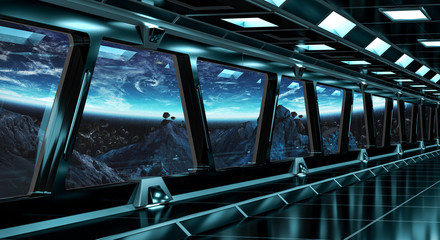 Spaceship corridor with view on the planet Earth 3D rendering elements of this image furnished by NASA