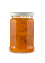 Apricot or peach jam in glass jar isolated with clipping path.