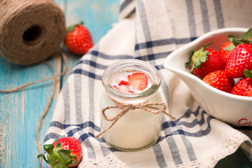 Strawberry Yoghurt. Healthy food with Strawberries and yoghurt breakfast on table.