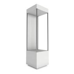Empty showcase with for exhibit. 3D render illustration isolated on white background. Trade show booth blank pedestal for expo design.