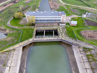 Water pumping station of irrigation system of rice fields. View