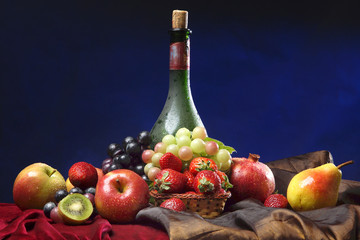 Classic Dutch still life with dusty bottle of wine and fruits on a dark blue background, horizontal