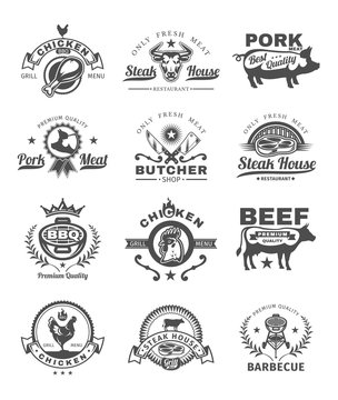 Set of vector black grill and barbecue badges, stickers, emblems isolated on white