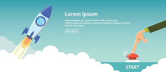 Naklejka premium businessman launch a rocket to the space. successful new business project startup company concept banner flat vector illustration