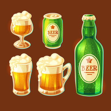 Set of vector isolated cartoon illustrations of various containers for bottling and storing beer - beer glasses of various shapes, glass bottle, aluminum can