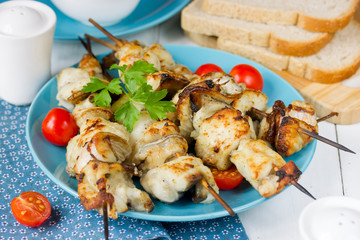 Catfish kebab , skewered fish with vegetables