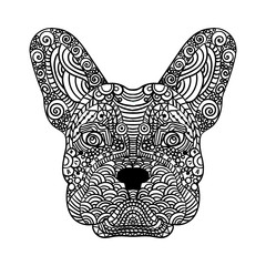 French bulldog head zentangle stylized, vector, illustration, freehand pencil, hand drawn, pattern. Zen art. Ornate vector. Lace.