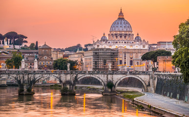 Night view of St. Peter Basilica in Rome, Italy. Rome architecture and landmark. Rome St Peter in...