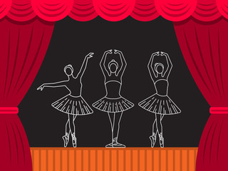 Vector theater scene which depicts the figure of a girl ballerina in a tutu in a dance position. Ballet vector illustration in flat style © shopplaywood
