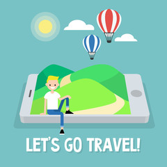 Tourism. Air balloons in the sky. Travel mobile application. Vector illustration, clip art