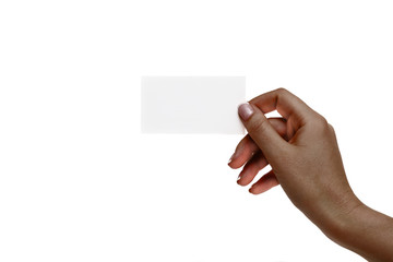 Isolated african female hand holds white card on a white background.
