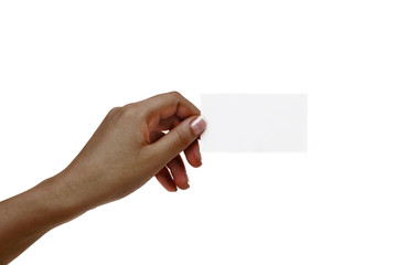 African female hand holds white card on a white background.