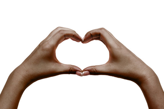 African female hands show heart on white background.
