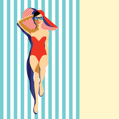 Beautiful young woman tanning, with sunglasses, hat, at the beach, retro style. Pop art. Summer holiday. Vector eps10 illustration 