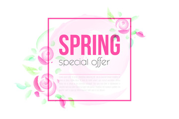 Spring sale background with beautiful colorful flower. Watercolor stile.