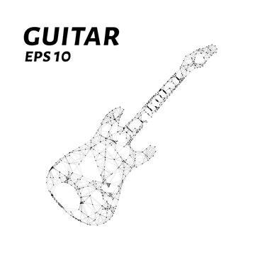 The guitar is composed of points, lines and triangles. The polygon shape in the form of a silhouette of a guitar on a dark background. Vector illustration.
