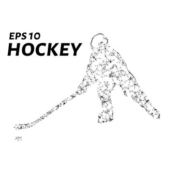 Hockey player consists of points, lines and triangles. The polygon shape in the form of a silhouette of a hockey player on a dark background. Vector illustration.