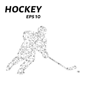 Hockey player consists of points, lines and triangles. The polygon shape in the form of a silhouette of a hockey player on a dark background. Vector illustration.