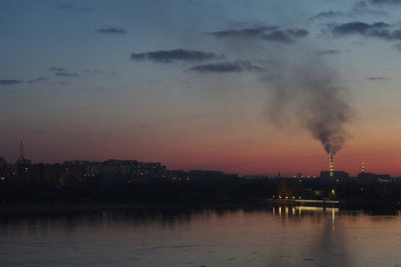 Naklejka na ściany i meble Sunset view from Ob river quay in Novosibirsk
