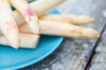 White asparagus on the colorful bread.