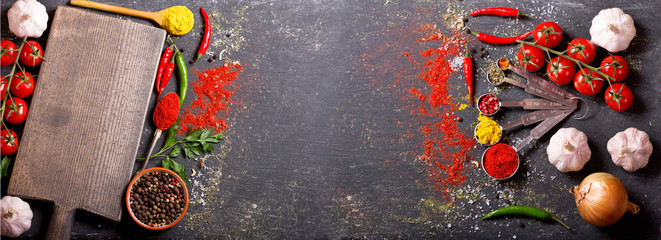 empty wooden board  with ingredients for cooking