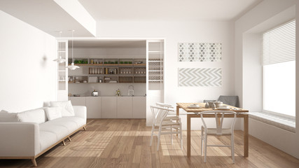 Minimalist kitchen and living room with sofa, table and chairs, white modern interior design