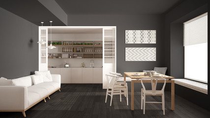 Minimalist kitchen and living room with sofa, table and chairs, white and gray modern interior design