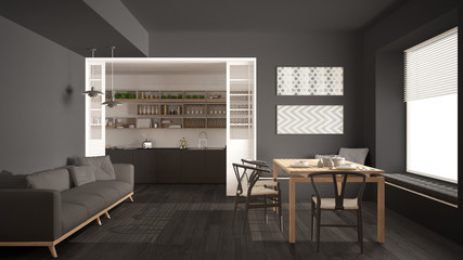 Minimalist kitchen and living room with sofa, table and chairs, gray modern interior design