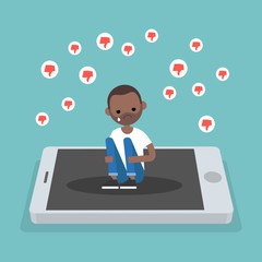 Upset crying black character sitting on the mobile's screen and hugging his knees surrounded by the dislike symbols / editable flat vector illustration, clip art