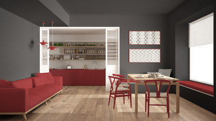 Minimalist kitchen and living room with sofa, table and chairs, gray and red modern interior design