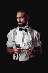 Portrait of handsome man posing for photographer in studio, Razor, barber