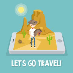 Travel mobile application. Wild west conceptual illustration. Young boy wearing a cowboy hat and riding a hobbyhorse / flat editable vector illustration