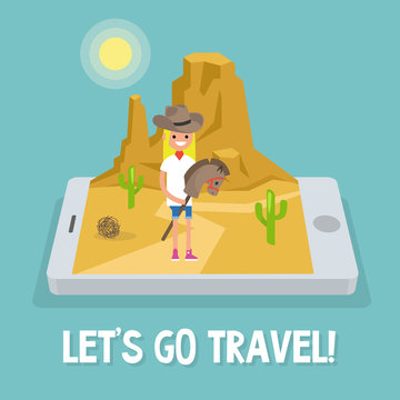 Travel mobile application. Wild west conceptual illustration. Young girl wearing a cowboy hat and riding a hobbyhorse / flat editable vector illustration