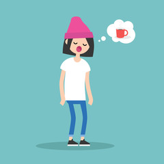 Young exhausted character yawning and thinking about a cup of coffee / flat editable vector illustration, clip art