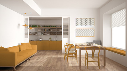 Minimalist kitchen and living room with sofa, table and chairs, white and yellow modern interior design