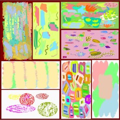 Fototapeta na wymiar Collection of eight abstract writing textures in green and blue and yellow and pink and brown tone, design for greeting cards and banners and posters