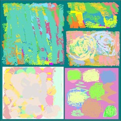 Collection of five abstract writing textures in green and blue and yellow and pink and brown tone, design for greeting cards and banners and posters