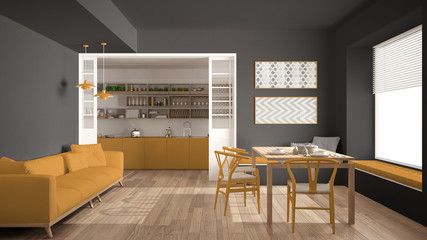 Minimalist kitchen and living room with sofa, table and chairs, gray and yellow modern interior design