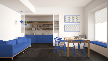 Minimalist kitchen and living room with sofa, table and chairs, white and blue navy modern interior design