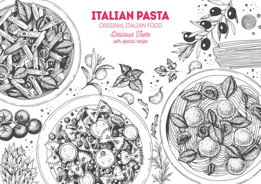 Italian pasta frame. Hand drawn vector illustration of an Italian pasta top view. Food design template. Farfalle, Penne and Spaghetti illustration. Classic italian cuisine. Engraved style