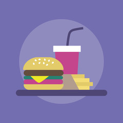 Fast food combo cheeseburger, french fries and soft drink