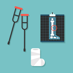 Broken leg conceptual set crutches, x-ray image and cast bandage