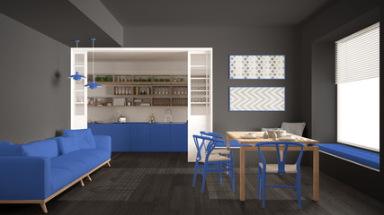 Minimalist kitchen and living room with sofa, table and chairs, gray and blue navy modern interior design