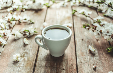 Cup of hot black coffee in female hands on a wooden vintage desk with spring white flowers apricorn. The concept of coffee on a spring day.