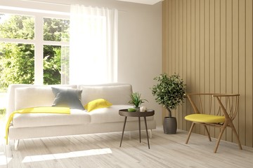 White room with sofa and green landscape in window. Scandinavian interior design. 3D illustration