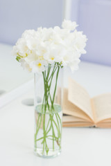 Bouquet of white flowers in a vase placed on a table. Cozy picture. Bouquet of white flowers in a vase and a book on a white table.