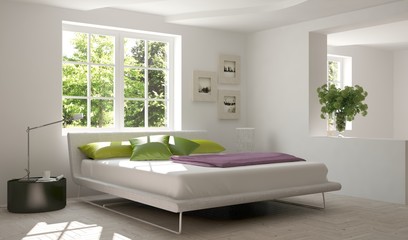 White bedroom with green landscape in window. Scandinavian interior design. 3D illustration