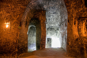 Obraz premium Abandoned chalky underground cave monastery, underground church in Kalach, Voronezh region