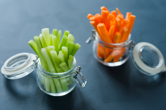 Healthy Diet Food. Carrots And Celery Chopped With Chopsticks.